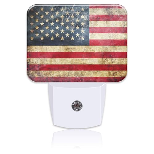 Image of Vintage American Flag Night Light for Kids Girls Boys, Retro USA Flag LED Night Light Plug into Wall with Dusk to Dawn Sensor for Room, Hallway, Kitchen, Bathroom, Stairs Decor