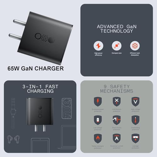 Image of BLACKSHEEP 65W Nothing Gan Trio Charger Adapter | 3 Port USB Type C to A Fast Wall Charging Adaptor Compatible with CMF Phone 1 /Nothing Phone 2a Plus / 2A / 2 / Phone 3a / 3a Pro /Buds /Ear Stick,-Black