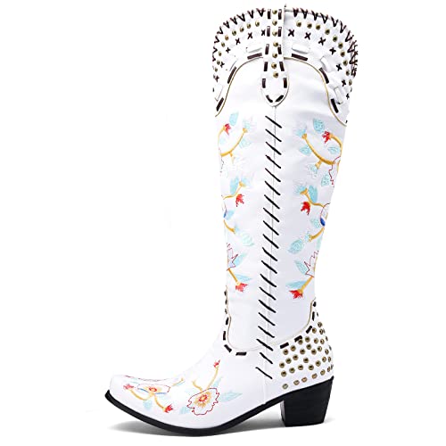 Image of YIYA Women's Star Cowboy Boots Black and White Cowgirl Boots with White Stars Pointed Toe Chunky Low Heel Pull-On Wide Calf Western Embroidered Boots