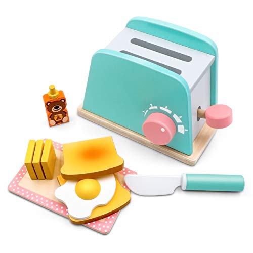 Toy Kitchen Wooden Pop-Up Toaster Play Set 10 Pcs, Interactive Early Learning Toaster