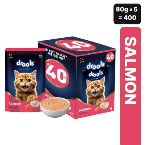 Image of Drools Adult Cat Wet Mousse 80g Pack of 5, 400g | Salmon Flavour | Rich in Protein | Promotes Hydration & Easy to Digest | No Artificial Flavours | Packed with Essential Vitamins & Antioxidants