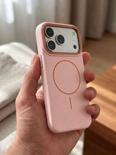 Image of amazon basics Luxury MagSafe Compatible Leather Texture Back Cover for iPhone 17 Pro Max | Raised Camera Protection | Slim Fit Shockproof Case with Metallic Accents (Pink)