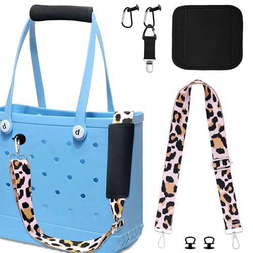 Image of lukasuo Bag Strap Accessories Set for Bogg Bag-Adjustable Crossbody Wide Strap, Luggage Handle Wrap, Hat Clip & 2 Key Holders for All Size Beach Rubber Tote Bags for Women (Black&pink Leopard)