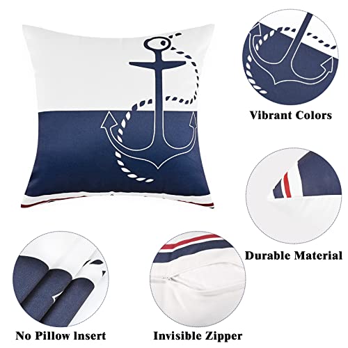 Fascidorm Nautical Pillow Covers 18X18 Inch, Set Of 4 Summer Throw Pillow Covers, Navy Blue Anchor Pillow Cases, Striped Decorative Cushion Covers For Sofa Couch Bed Home Decor, Navy Blue And Red #TOP4