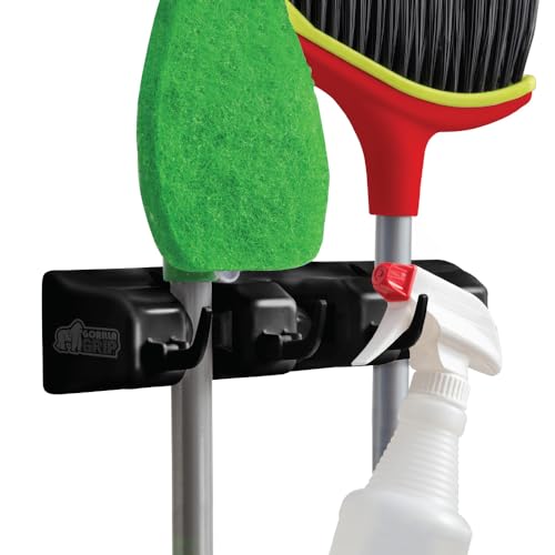 GORILLA GRIP Wall Mount Hook Fixture, Also Includes Slots to Hold Mop, Broom, Tools, Easy Install, Organize Cleaners, Tools, Home, Kitchen, Garage, 4 Hooks 3 Slots, Black