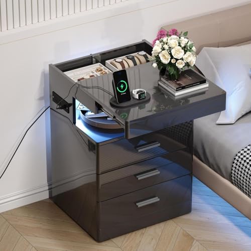 Treocho Led Nightstand with Hidden Space Modern Night Stand with Charging Station 3 Drawer Smart Nightstand with Glossy Finish Tall Bedside Table with RGB Lights for Bedroom Black