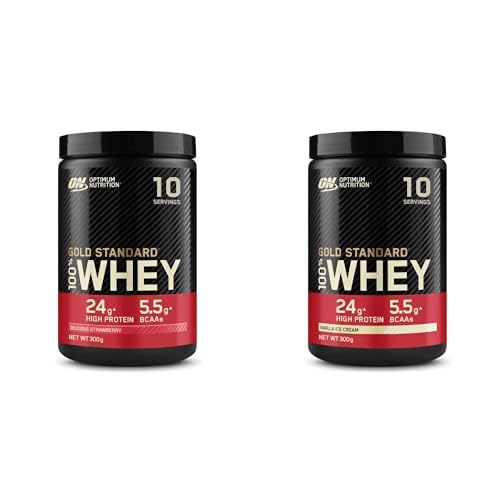 Optimum Nutrition Gold Standard 100 Percent Whey Muscle Building and Recovery Protein Powder with Naturally Occurring Glutamine and BCAA Amino Acids, Strawberry and Vanilla Ice Cream Flavor