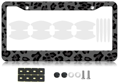 Black Leopard Pattern Metal License Plate Frames with Car Door Handle Films - 1PCS Cheetah Print Universal Plate Holders for Men & Women
