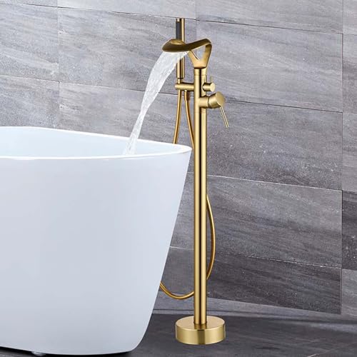 Robinet a Poser avec Douchette pour Baignoire Robinet Cascade Salle Bain Monotrou Mitigeur Baignoire Ilot Sur Pied,Or Brossé