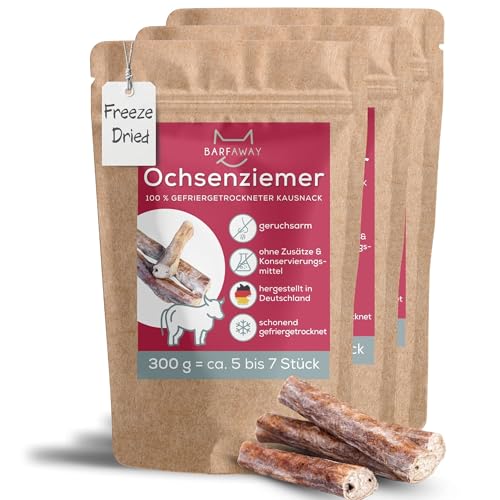 BARFAWAY Ochsenziemer, gefriergetrockneter Langer Kausnack für Hunde, 100% natürlich ohne Zusätze, Deutsche Herstellung, geruchsneutral, 3er Pack (3 x 300 g)