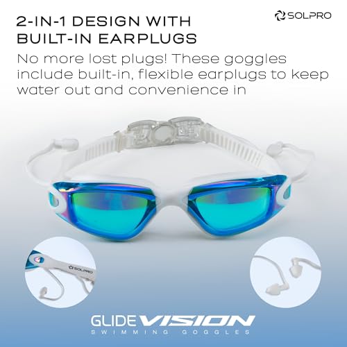 Image of Solpro Glide Vision Unisex Adult Swimming Goggles for Women,Men,Boys,Girls,Teenagers,Athletes,Swimmers|2 in 1 with Built In Earplugs for Training,Competition in Pool,Beach,Water Sport,Activties