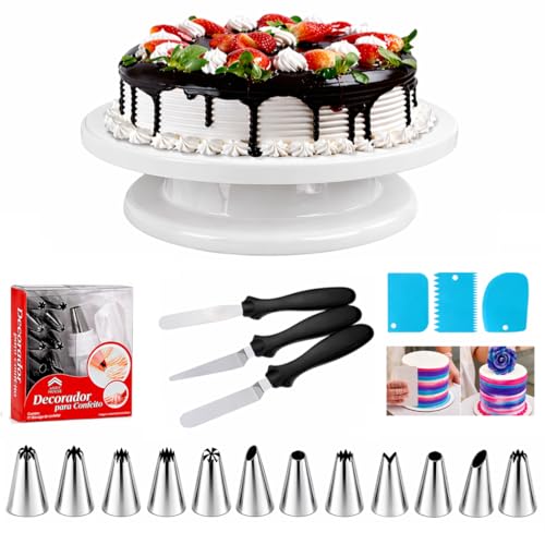 Image of Cake Making Set Combo Cake Turntable,12 Cake Decorating Nozzle, 3 Pcs Set Scraper, 3 Pcs Knife (All Product Reusable) (Combo 3)