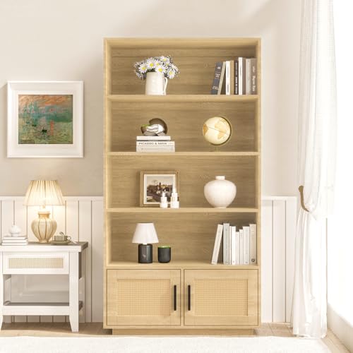 GarveeHome 5 Tier Bookshelf, Boho Bookcase with Rattan Doors, Wooden Bookcase and Bookshelf with Storage, Tall Book Stand, Large Bookshelf for Living Room, Bedroom, Home Office, Kitchen