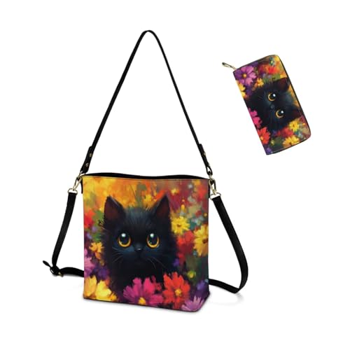 Image of HUGS IDEA Leather Purses and Handbag for Women Bucket Bag with Wrist Wallet 2 Packs