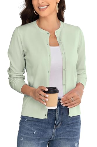 BERESIA Ladies Cardigan Womens Knit Sweater with Buttons Round Neck Crewneck Coat Elegant, Mint Green XL