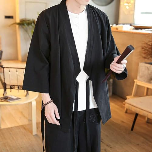 Image of Men's Chinese style linen cardigan jacket loose kimono jacket solid color self-tie Hanfu traditional clothing (Black, XL)