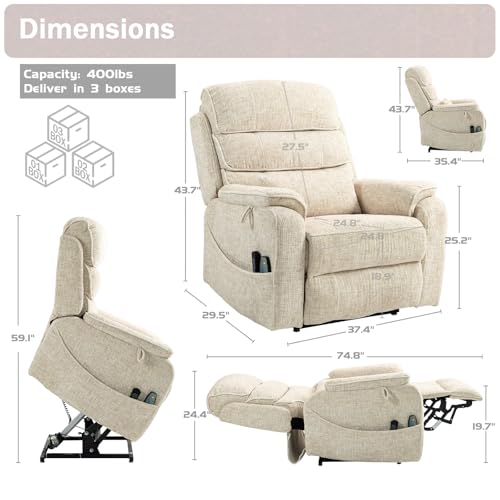 Power Lift Recliner Chair for Adults Elderly Lay Flat Velvet Recliners with Massage Heating, Extended Footrest, Wireless Charging Device, USB Ports, Cup Holder, Lumbar Pillow
