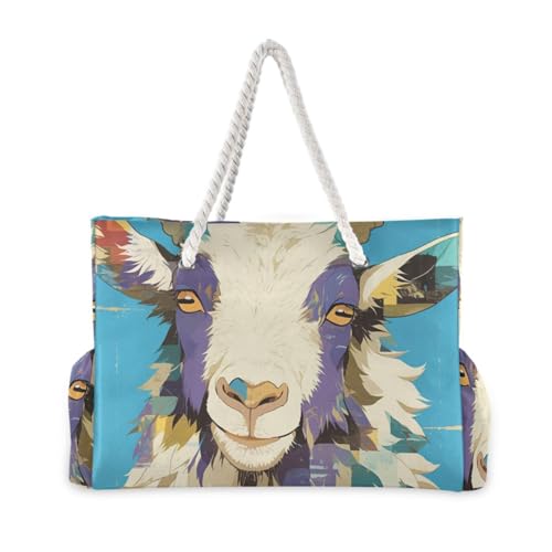 Vintage Colorful Goat Sandproof Totes For Women with side pocketes Large Beach Bag for Travel Gym Vacation2