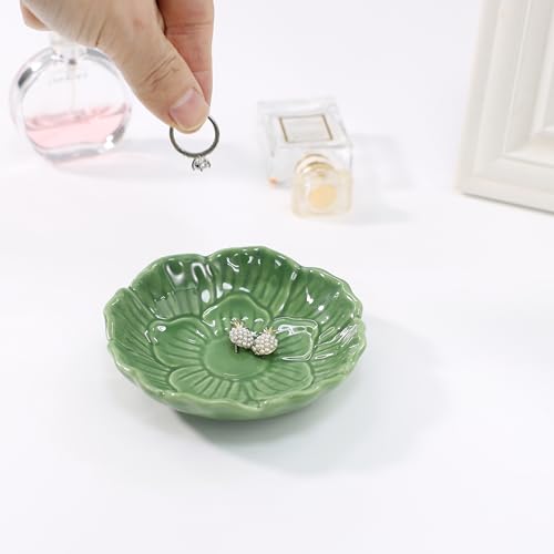 Image of Flower Ring Dish Holder,Jewelry Dish Tray,Small Trinket Tray,Jewelry Plate Bowl,Key Bowl,Decorative Plate,Birtdhay Christmas Gifts for Women Friends,Ceramic Green
