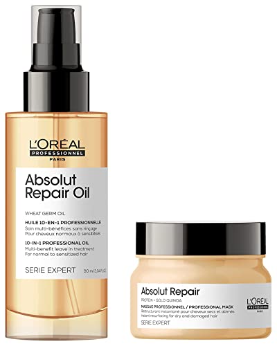 L’Oréal Professionnel Paris Absolut Repair Oil 10-In-1 Multi-Benefit Leave-In Hair Serum, Serie Expert, 90Ml & Absolut Repair Shampoo For Dry & Damaged Hair, Serie Expert, 300Ml
