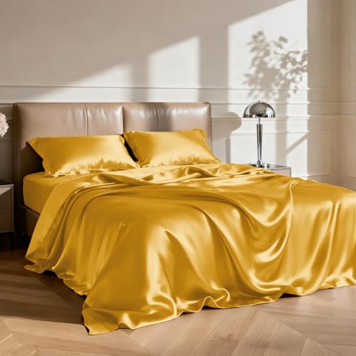 Image of Love's cabin Full Size Satin Sheet Sets - 4 Piece Gold Silky Sheet Set with Deep Pocket, Luxury Silk Feel Satin Sheets Full Bedding Set (1 Flat Sheet,1 Fitted Sheet,2 Pillow Cases)