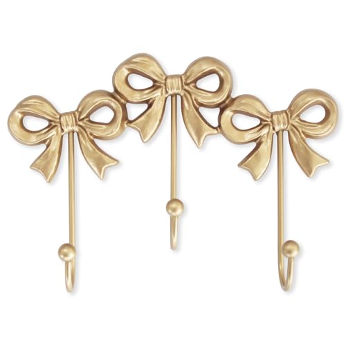 Bow Wall Hook,Small Wall Mounted Functional Hooks,Antique Gold Cast Iron Hook for Coats,Bags, Bath Towels,Room Decorations,Girls Room,Bathroom,Office(Three-Bows Hooks:8.27×5.59 inches)