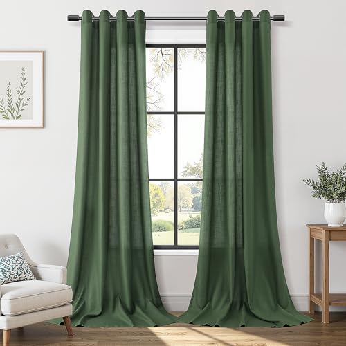 Image of Extra Long Olive Green Linen Curtains 102 Inches Length for Living Room 2 Panels Set Grommet Top Sunlight Filtering Semi Sheer Curtain Linen Blend Soft Drapery for Dining Room Windows 52x102
