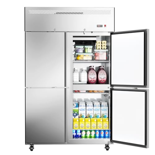 Image of ECEVT 48" W 4 Door Commercial Refrigerator, 36 Cu.ft Stainless Steel Industrial Fridge (32℉~47℉) with 8 Adjustable Shelves, Lockable Door, Wheels, Auto-Defrost for Restaurant, Kitchen, Shop