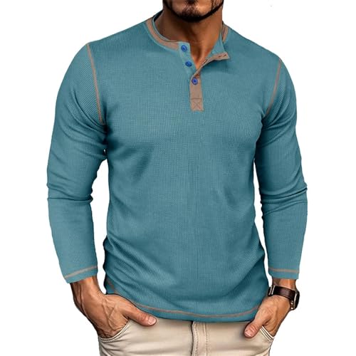 Men Button Placket Shirt Solid Color Casual All-Match Long SleeveShirt Retro Classic Mode Basic Shirt A-Denim Blue 3XL