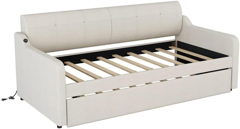 Twin Size Upholstery Daybed with Trundle and Charging Design,Trundle Can Be Flat Or Erected