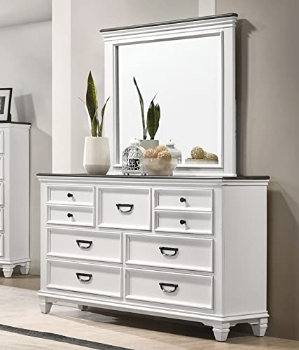 Roundhill Furniture Clelane Wood 7-Drawer Dresser with Mirror, Weathered White and Walnut