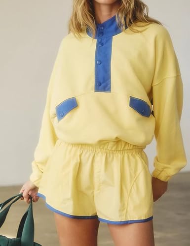 Womens 2 Piece Short Sets Loose Color Block Sweatshirts Short Set and Summer Long Sleeve Pullover Tracksuit with Pocket,Yellow, Medium2