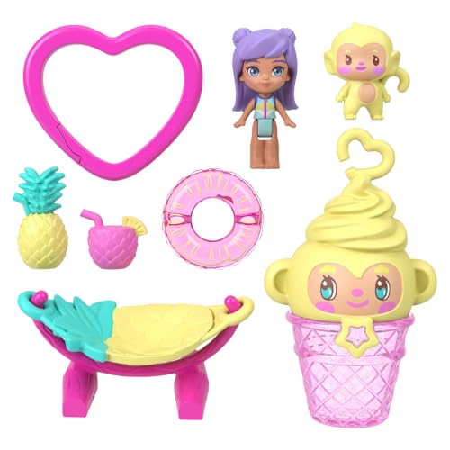 Polly Pocket Estuche Mono de piña, Conjunto de Juego con muñeca, Juguete de Viaje con minimuñeca, una Mascota, una Hamaca y Accesorios temáticos de Frutas, JKC49
