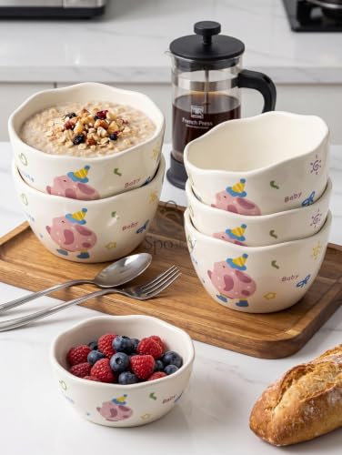 Image of Spooky Cute Ceramic Cereal & Soup Bowls (420ml) | Bowls with Top Waving Design | Microwave Safe Serving Bowls for Ramen, Noodles, Salad, Rice & Breakfast | Katori /Bati /Pyala (Set of 2,Pink Rabbit)