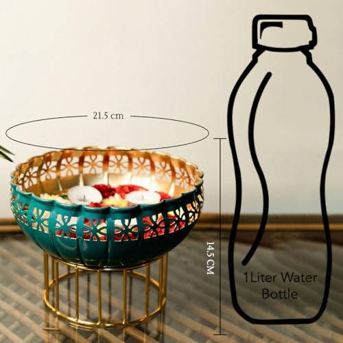 Ekhasa Green Urli Bowl with Stand for Home Décor & Table Decoration | Floating Flowers, Tealight Candles Water Bowl for Diwali Pooja and Other Festivals | Gift for Various Occasions
