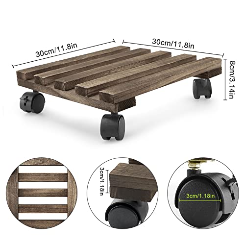 Konky Plant Caddy Wooden,12 Inch Dark Color Wood Duty Square Plant Dolly Roller With 4 Heavy Duty Rolling Wheels-2 360° Lockable Caster Wheels, For Indoor/Outdoor Holds Up 150 Lbs Heavy Duty Plant. #TOP1