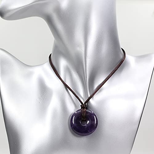 Keleny Natural Dark Purple Amethyst Crystal Gemstones 30Mm Circle Coin Peace Donut Pendant Adjustable Braided Brown Rope Necklaces #TOP3