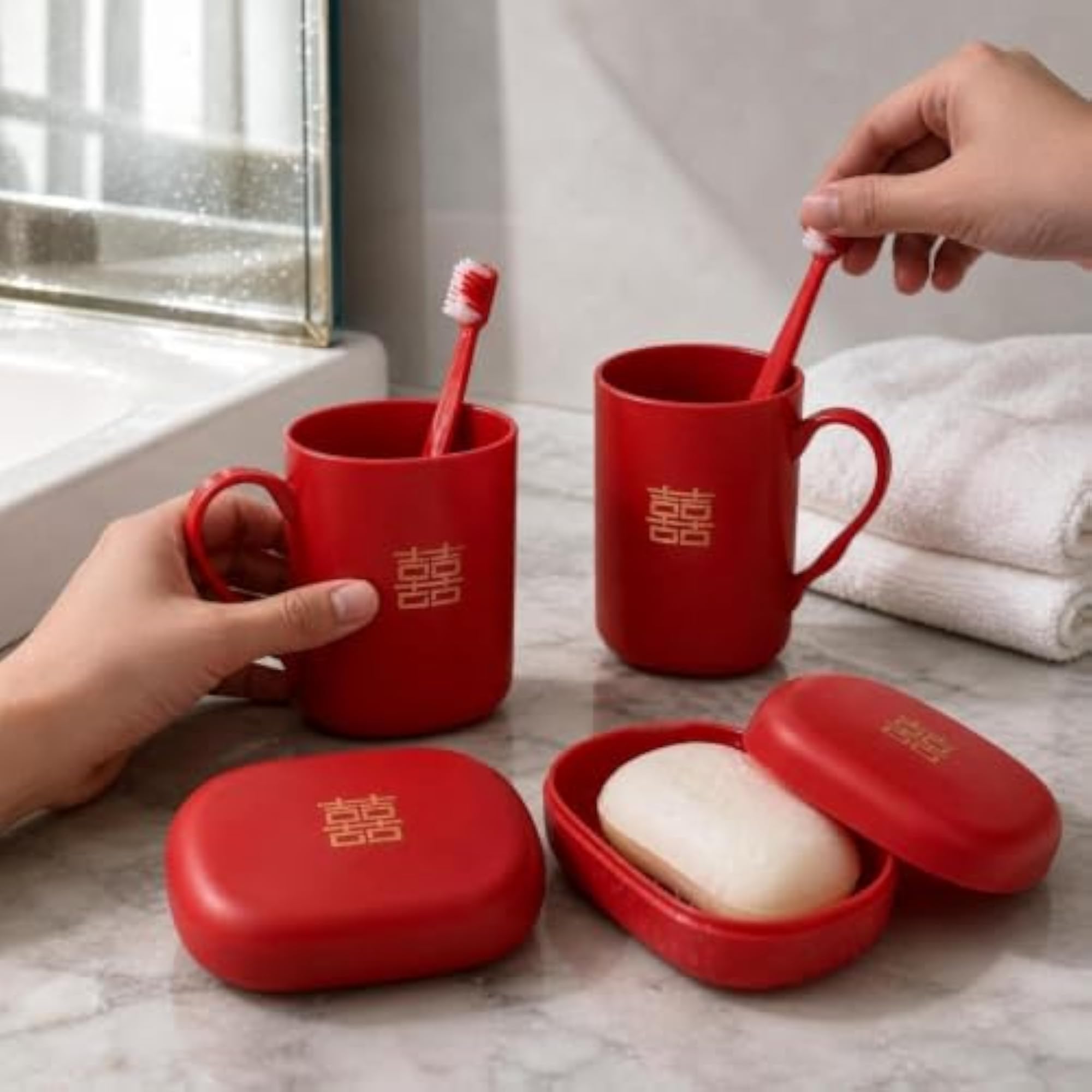 Wedding Bathroom Set with Double Happiness Cups & Toothbrush Holders