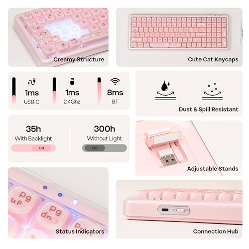 Image of MechLands X Maorbeng X100 PRO Membrane Gaming Keyboard with Number Pad, RGB Backlits, Wireless Computer Keyboard with 5000mAh Battery, BT /2.4G /USB-C Wired, 96% Layout for Windows /Mac /PC (Pink)