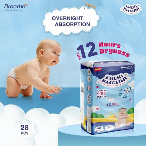Image of Premium super soft baby diaper with a 3D bubble top and super absorbent core | Added active leak barriers and wetness indicators - NB Size, 28 Count