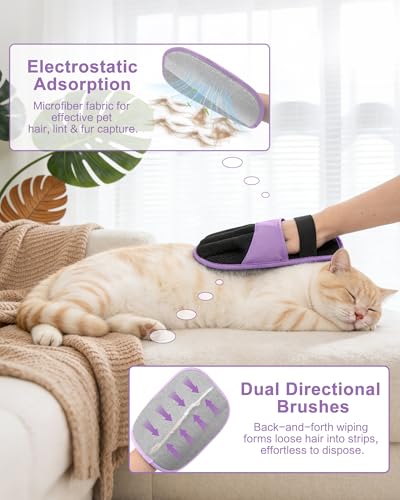 2 Pack Pet Hair Removal Glove - Electrostatic Magic Brush Gloves Pet Hair for Dogs and Cats, The Magic Brush Pure Path Yomi Pet Grooming Needs, Fur Remover for Furniture, Clothes, Car Seats (Purple) - Image 3