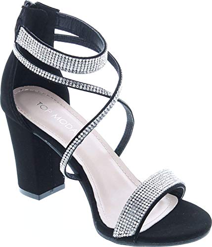 Top Moda Women's Formal Rhinestone Chunky Block Heel Sandal Crisscross Strappy, Black, 10 #TOP5