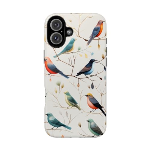 Coque iPhone 16 Plus rigide brillante blanche au motif oiseaux résistant