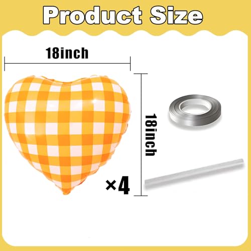 Image of 4pcs 18 inch Orange Heart Checked Balloons Striped Plaid Heart Foil Balloons for Spring Party Decorations Picnic Party Decor Love Theme Birthday Party Wedding Baby Shower Versatile Party Decor