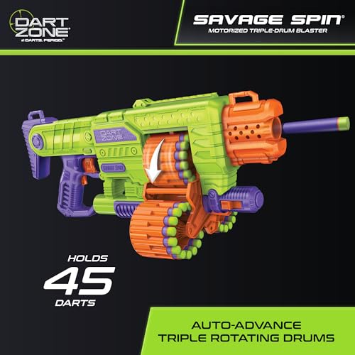DART ZONE Savage Spin Semi-Auto Foam Dart Blaster – 45-Dart Triple-Drum Motorized Foam Dart Gun – NERF Dart Compatible Soft Bullet Toy Gun for Kids w. 90 Darts – AKA Adventure Force Gun – 80 ft Range by DART ZONE - Image 3