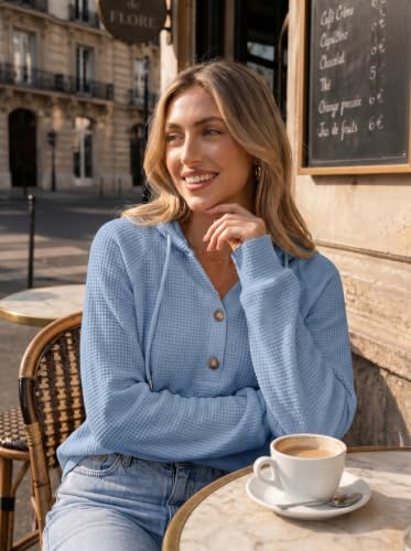 Image of Dokotoo Hoodies for Women Waffle Knit Button V Neck Casual Sweatshirt Tops