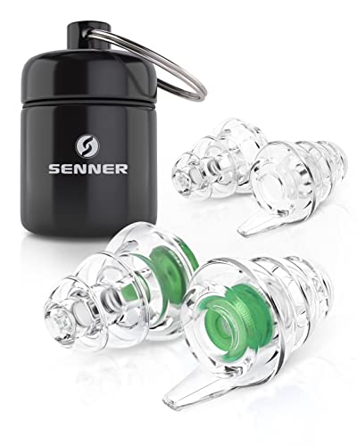 Senner MusicPro tappi per orecchie antirumore a protezione dell’udito con contenitore in alluminio. Ideali per musica, concerti, discoteca e festival, verde/trasparente