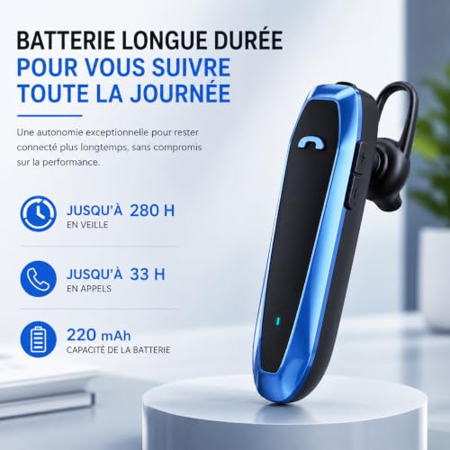 Auricular Bluetooth 5.4 mono inalámbrico con reducción de ruido y 33H de llamada para coche 3