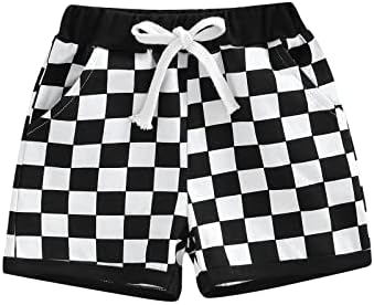 Unisex Baby Girls Boys Checkerboard Shorts Elastic Waist Drawstring Casual Short Pants with Pocket (Black, 2-3 Years) 2-3T