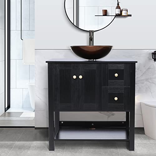 Uev 31.5 Inch Bathroom Vanity With Sink Combo,Black Stand Pedestal Cabinet With Blue Glass Vessel Sink & 1.5 Gpm Faucet & Pop Up Drain,Without Mirror (A09V004) #TOP17